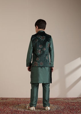 alt message - Manyavar Boys Boys Dark Green Floral Printed Angrakha Style Jacket Set image number 5